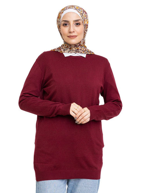 Brick Red Round Knit Pullover - Khotwh